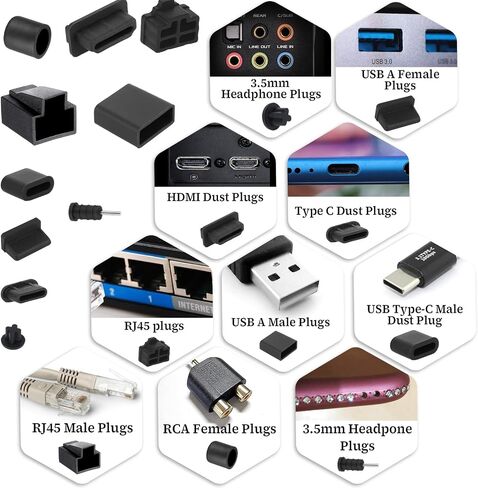 50 PCS 9 Types USB Cover, Silicone USB Port Cover Dust Plug Mobile Dustproof Plugs for USB-A Female/Male, Type-C Cap, 3.5mm Headphone, HDMI, Network Cable Plug, RCA, RJ45 Ethernet Protector Stoppers in Saudi Arabia