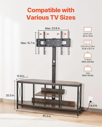 VEVOR 45" TV Stand with Mount for up to 75 in TVs, Entertainment Center with Power Outlet & LED Lights, Height Adjustable TV Console with Mount with 3 Tiers Storage Cabinets for Bedroom, Living Room in Saudi Arabia