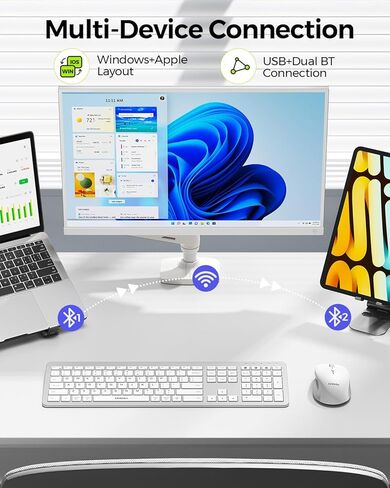 لوحة مفاتيح Seenda Bluetooth والماوس ، والسرد اللاسلكي لوحة الفأرة Combo 2.4g+Dual Bluetooth متعدد الأجهزة لوحة مفاتيح كاملة الحجم للغاية مع لوحة أرقام لنظام التشغيل Windows/Mac و White & Silver in Saudi Arabia