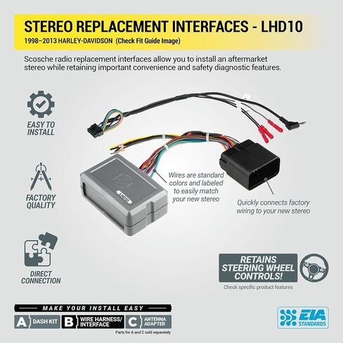 Scosche Audio Interface Adapter for Harley Davidson 1998–2013, Radio Wiring Harness for Aftermarket Stereo, Motorcycle Stereo Install Kit Retains Handlebar Controls, Installation Notes in Fit Guide in Saudi Arabia