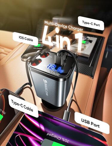 MAGIC JOHN 30W Retractable Car Charger, 4 in 1 Fast Charging Adapter with Type-C & USB C Port, 31.5 inch Retractable Cables, Compatible with iPhone, Android, Samsung Galaxy in Saudi Arabia