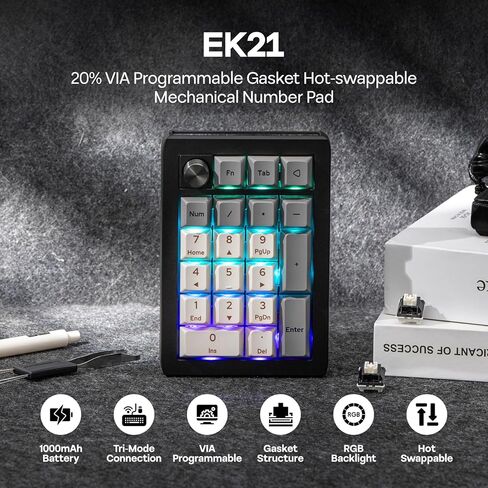 Epomaker EK21 عبر وسادة رقم حشية مع بطارية 1000mAh ، BT 5.0/2.4 جيجا هرتز/سلكية الساخنة الساخنة Numpad مع مقبض سبائك الألومنيوم ، قابلة للبرمجة للفوز/Mac/Gaming (Black Silver ، Zebra Switch) in Kuwait