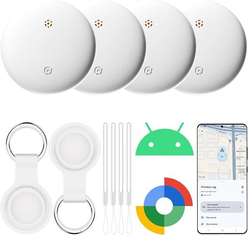 علامات تعقب الهواء- حزمة لـ Android مع Case- Bluetooth Tracker Item Finder للمفتاح والمحفظة والحيوانات الأليفة- يعمل مع Google Find Hub و IP66 Tag و Smart for Android & Samsung White & Black in Kuwait