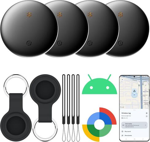 علامات تعقب الهواء- حزمة لـ Android مع Case- Bluetooth Tracker Item Finder للمفتاح والمحفظة والحيوانات الأليفة- يعمل مع Google Find Hub و IP66 Tag و Smart for Android & Samsung White & Black in Kuwait