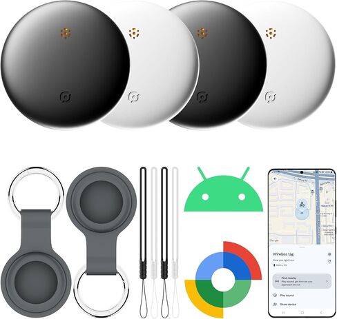 علامات تعقب الهواء- حزمة لـ Android مع Case- Bluetooth Tracker Item Finder للمفتاح والمحفظة والحيوانات الأليفة- يعمل مع Google Find Hub و IP66 Tag و Smart for Android & Samsung White & Black in Kuwait