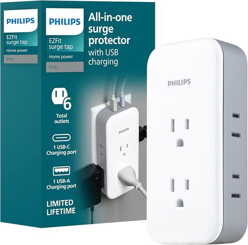 Philips All-in-One Targe Tap ، 4 منافذ مستقطبة و 4 منافذ مستقطبة ، 1140 Joules ، تصميم مسافة محول ، معتمد من ETL ، أبيض/رمادي ، SPP393W/37 in Saudi Arabia