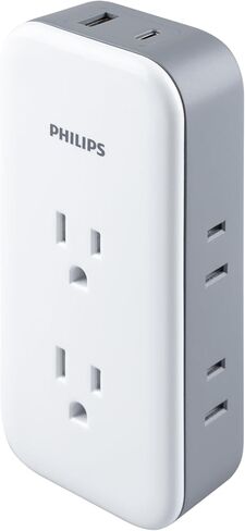 Philips All-in-One Targe Tap ، 4 منافذ مستقطبة و 4 منافذ مستقطبة ، 1140 Joules ، تصميم مسافة محول ، معتمد من ETL ، أبيض/رمادي ، SPP393W/37 in Saudi Arabia