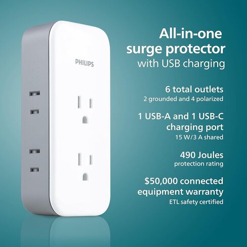 Philips All-in-One Targe Tap ، 4 منافذ مستقطبة و 4 منافذ مستقطبة ، 1140 Joules ، تصميم مسافة محول ، معتمد من ETL ، أبيض/رمادي ، SPP393W/37 in Saudi Arabia