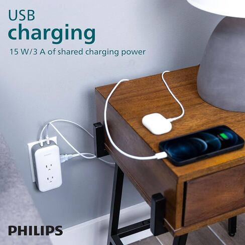 Philips All-in-One Targe Tap ، 4 منافذ مستقطبة و 4 منافذ مستقطبة ، 1140 Joules ، تصميم مسافة محول ، معتمد من ETL ، أبيض/رمادي ، SPP393W/37 in Saudi Arabia