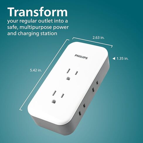 Philips All-in-One Targe Tap ، 4 منافذ مستقطبة و 4 منافذ مستقطبة ، 1140 Joules ، تصميم مسافة محول ، معتمد من ETL ، أبيض/رمادي ، SPP393W/37 in Saudi Arabia