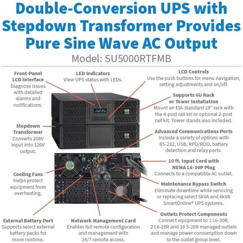 Eaton Tripp Lite SU5000RT UPS 5000VA / 4500W, 208V, Online Double-Conversion, Pure Sine Wave, 3U Rack Mount, 4 Outlets, Network Card Included, Extended Run, 2-Year Warranty & $250,000 Insurance in Saudi Arabia