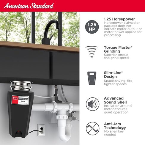 American Standard Slim Line Anti-Jam 1.25 HP Garbage Disposal | Quiet 1-1/4 HP Motor Grinds At 2800 RPM, Stainless Steel, Septic Safe, Easy 3-Bolt Install, Cord Included (10-US-AS-12-SL) in Kuwait