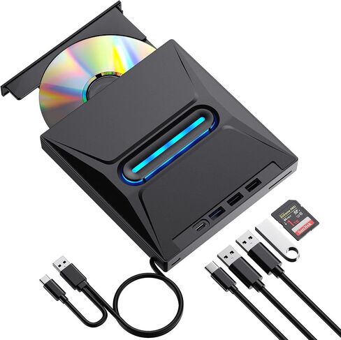 محرك أقراص CD DVD خارجي مع 4 منافذ USB ومنافذ نوعان من النوع C وفتحة بطاقة TF/SD ، USB 3.0 محمولة محرك أقراص CD DIRC Player Conster لجهاز الكمبيوتر المحمول MacBook PC Windows 11/10/8/7 Linux Mac OS in Kuwait
