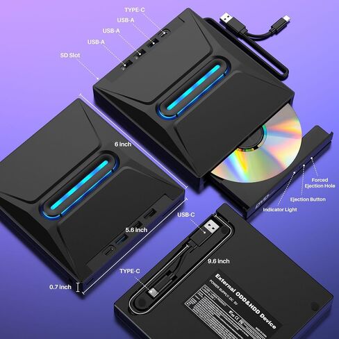 محرك أقراص CD DVD خارجي مع 4 منافذ USB ومنافذ نوعان من النوع C وفتحة بطاقة TF/SD ، USB 3.0 محمولة محرك أقراص CD DIRC Player Conster لجهاز الكمبيوتر المحمول MacBook PC Windows 11/10/8/7 Linux Mac OS in Kuwait