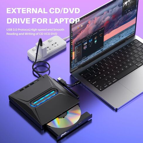محرك أقراص CD DVD خارجي مع 4 منافذ USB ومنافذ نوعان من النوع C وفتحة بطاقة TF/SD ، USB 3.0 محمولة محرك أقراص CD DIRC Player Conster لجهاز الكمبيوتر المحمول MacBook PC Windows 11/10/8/7 Linux Mac OS in Kuwait