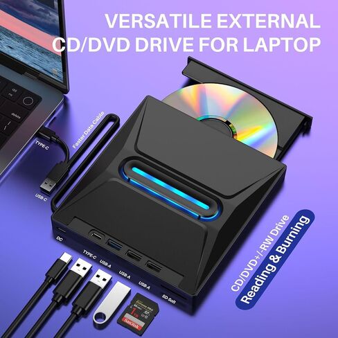 محرك أقراص CD DVD خارجي مع 4 منافذ USB ومنافذ نوعان من النوع C وفتحة بطاقة TF/SD ، USB 3.0 محمولة محرك أقراص CD DIRC Player Conster لجهاز الكمبيوتر المحمول MacBook PC Windows 11/10/8/7 Linux Mac OS in Kuwait