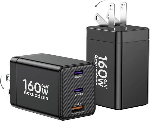 [2 Pack] USB C Charger Block 160W ، 3-Port Gan Super Fast Charger ، Dual 65W Type Charging Clock ، محول الشحن السريع لـ QC3.0 قابل للطي لـ MacBook و iPhone و Samsung و Galaxy و iPad و Android و Black in Kuwait