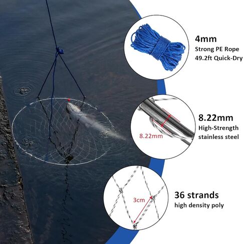 Qualyqualy Foldable Pier Fishing Net with Rust-Proof Stainless Steel Ring & Heavy-Duty Poly Mesh | Saltwater & Freshwater Landing Net for Kayak, Bridge Fishing Lightweight Durable Design in Saudi Arabia