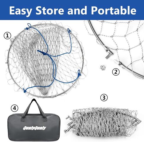 Qualyqualy Foldable Pier Fishing Net with Rust-Proof Stainless Steel Ring & Heavy-Duty Poly Mesh | Saltwater & Freshwater Landing Net for Kayak, Bridge Fishing Lightweight Durable Design in Saudi Arabia