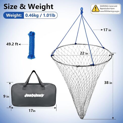 Qualyqualy Foldable Pier Fishing Net with Rust-Proof Stainless Steel Ring & Heavy-Duty Poly Mesh | Saltwater & Freshwater Landing Net for Kayak, Bridge Fishing Lightweight Durable Design in Saudi Arabia