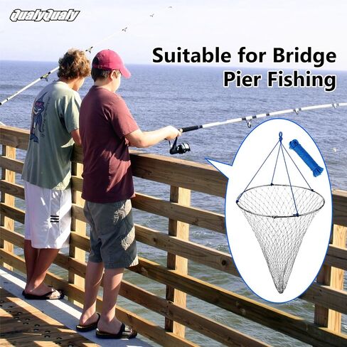 Qualyqualy Foldable Pier Fishing Net with Rust-Proof Stainless Steel Ring & Heavy-Duty Poly Mesh | Saltwater & Freshwater Landing Net for Kayak, Bridge Fishing Lightweight Durable Design in Saudi Arabia