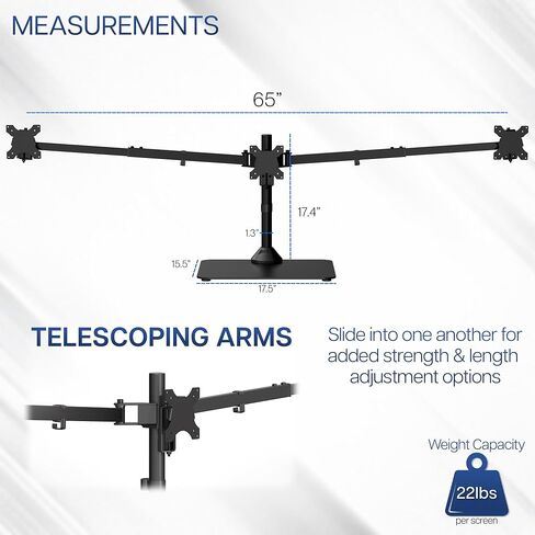 VIVO Premium Freestanding Triple Monitor Desk Mount for 3 Screens up to 22 lbs, Fits up to 38 inch Ultrawides on Center Bracket, Adjustable Telescoping Arms, Flush Wall Setup, Black, STAND-TS03F in Saudi Arabia