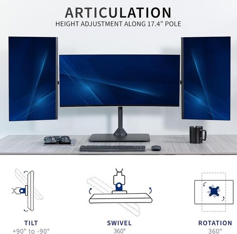 VIVO Premium Freestanding Triple Monitor Desk Mount for 3 Screens up to 22 lbs, Fits up to 38 inch Ultrawides on Center Bracket, Adjustable Telescoping Arms, Flush Wall Setup, Black, STAND-TS03F in Saudi Arabia