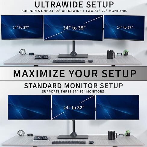 VIVO Premium Freestanding Triple Monitor Desk Mount for 3 Screens up to 22 lbs, Fits up to 38 inch Ultrawides on Center Bracket, Adjustable Telescoping Arms, Flush Wall Setup, Black, STAND-TS03F in Saudi Arabia