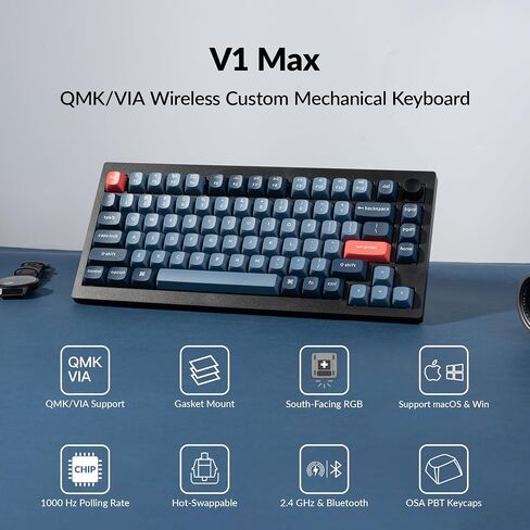Keychron V1 Max 75 ٪ RGB لوحة مفاتيح ميكانيكية مخصصة ، 2.4 جيجا هرتز/بلوتوث 5.1/سلكية QMK/عبر ماكرو قابلة للبرمجة ، Gateron Gateron كوكب المشتري الأحمر MATT in Saudi Arabia