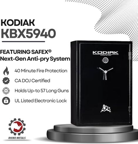 Kodiak Gun Safe للبنادق والمسدسات ، KBX5940 من المعادن وحيد القرن مع نظام أمنية Safex جديد ، 57 بنادق طويلة و 8 مسدسات ، 40 دقيقة من الحريق ، منظم الأبواب للمسدسات والذخيرة ، 573 رطل. in Saudi Arabia