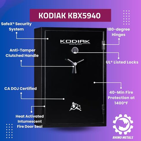 Kodiak Gun Safe للبنادق والمسدسات ، KBX5940 من المعادن وحيد القرن مع نظام أمنية Safex جديد ، 57 بنادق طويلة و 8 مسدسات ، 40 دقيقة من الحريق ، منظم الأبواب للمسدسات والذخيرة ، 573 رطل. in Saudi Arabia