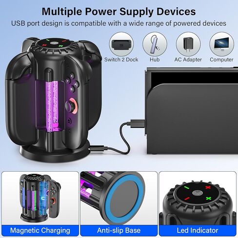 Switch-2-Joycon-Charger - Charging Dock for 2025 Nintendo Switch 2 JoyCon Controllers, Magnetic & Bubble LED Light, Fast Charging Station for Nintendo Switch2 Joy-con 2 Controllers Accessories, Black in Kuwait