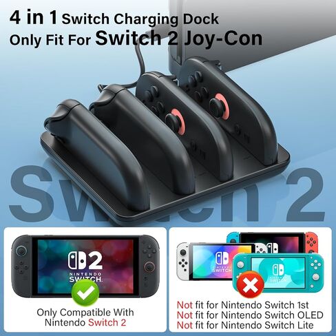 Switch 2 Joycon Charger for Nintendo Switch 2 Joy Con - 4 في 1 شحن Dock لوحدات تحكم Joy -Con 2 ، محطة شاحن تحكم سريعة 2H مع مؤشر LED لملحقات JoyCon2 in Kuwait