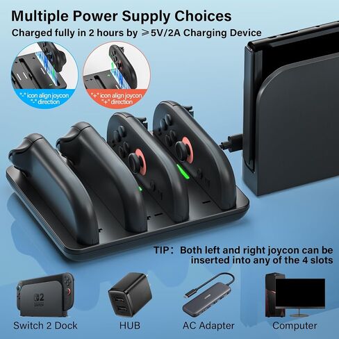 Switch 2 Joycon Charger for Nintendo Switch 2 Joy Con - 4 في 1 شحن Dock لوحدات تحكم Joy -Con 2 ، محطة شاحن تحكم سريعة 2H مع مؤشر LED لملحقات JoyCon2 in Kuwait