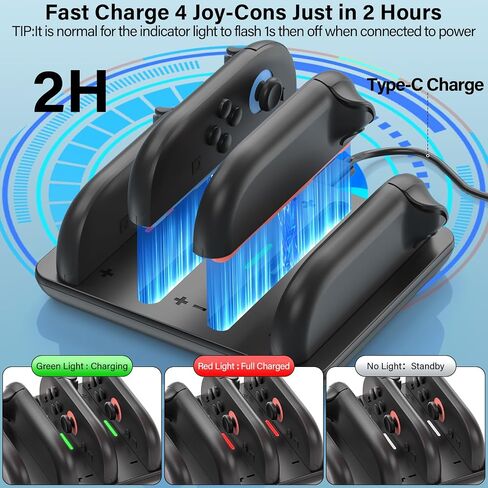 Switch 2 Joycon Charger for Nintendo Switch 2 Joy Con - 4 في 1 شحن Dock لوحدات تحكم Joy -Con 2 ، محطة شاحن تحكم سريعة 2H مع مؤشر LED لملحقات JoyCon2 in Kuwait