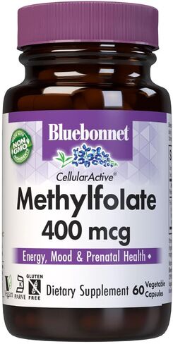 Bluebonnet Nutrition CellularActive Methylfolate 400 ميكروغرام - مركب من رباعي الفوليك - للطاقة والمزاج وصحة ما قبل الولادة - نباتي، خالي من الغلوتين، غير معدّل وراثيًا، وكوشير - 60 كبسولة - 60 وجبة in Kuwait