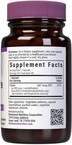 Bluebonnet Nutrition CellularActive Methylfolate 400 ميكروغرام - مركب من رباعي الفوليك - للطاقة والمزاج وصحة ما قبل الولادة - نباتي، خالي من الغلوتين، غير معدّل وراثيًا، وكوشير - 60 كبسولة - 60 وجبة in Kuwait