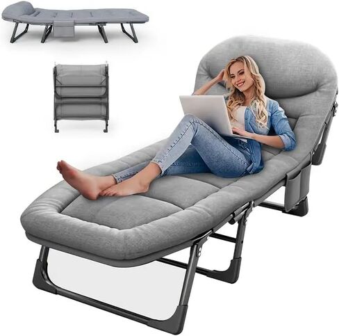 Leo Iris Portable Therming Camping COT ، كبير القابل للتعديل من 5 مواقع للبالغين الذين يستلقون كراسي الصالة مع وسادة ، قطعة قماش أوكسفورد الثقيلة 600D مع مرتبة (سرير ترقية رمادي (مع حصيرة)) in Saudi Arabia