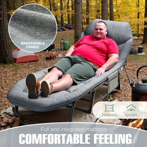 Leo Iris Portable Therming Camping COT ، كبير القابل للتعديل من 5 مواقع للبالغين الذين يستلقون كراسي الصالة مع وسادة ، قطعة قماش أوكسفورد الثقيلة 600D مع مرتبة (سرير ترقية رمادي (مع حصيرة)) in Saudi Arabia