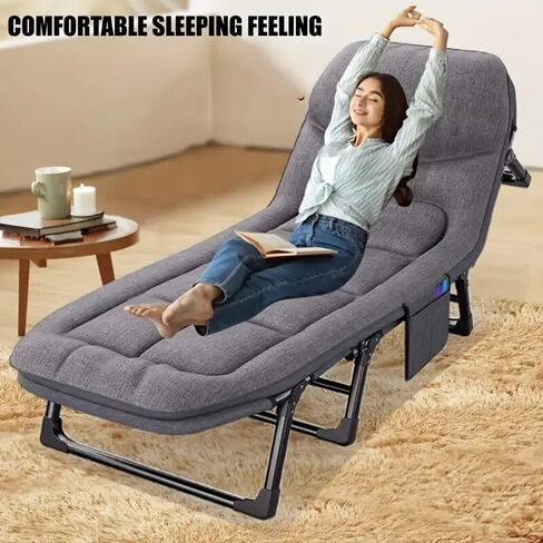Leo Iris Portable Therming Camping COT ، كبير القابل للتعديل من 5 مواقع للبالغين الذين يستلقون كراسي الصالة مع وسادة ، قطعة قماش أوكسفورد الثقيلة 600D مع مرتبة (سرير ترقية رمادي (مع حصيرة)) in Saudi Arabia