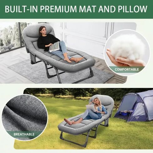 Leo Iris Portable Therming Camping COT ، كبير القابل للتعديل من 5 مواقع للبالغين الذين يستلقون كراسي الصالة مع وسادة ، قطعة قماش أوكسفورد الثقيلة 600D مع مرتبة (سرير ترقية رمادي (مع حصيرة)) in Saudi Arabia