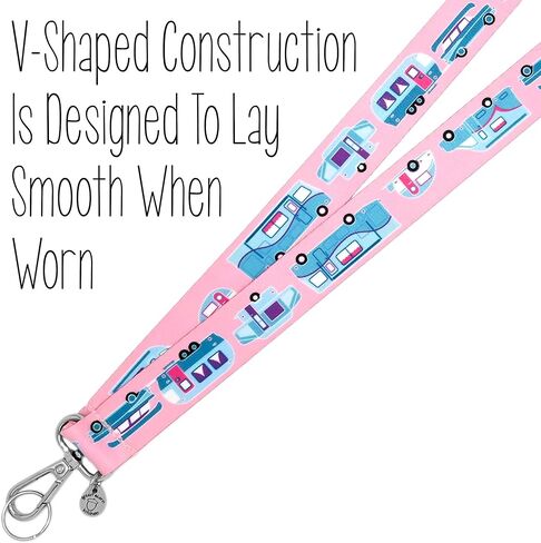 RV Camping Lanyard - Cute Trailers on Red - ID Badge Holder - Keychain - 1x36 Inch - Vintage Car & Camper - Class B - Class C - Teardrop - Motorhome - Pop-Up - Handmade by Green Acorn Kitchen in Saudi Arabia