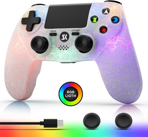 Wireless Controller for P-4, White Crack Custom Design, Adjustable RGB Light,1000mAh Battery, Double Vibration, 6-Axis, Built-in Speaker & 3.5mm Headphone Jack, Gamepad Compatible with PlayStation 4 in Saudi Arabia