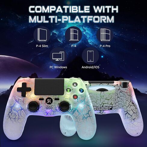 Wireless Controller for P-4, White Crack Custom Design, Adjustable RGB Light,1000mAh Battery, Double Vibration, 6-Axis, Built-in Speaker & 3.5mm Headphone Jack, Gamepad Compatible with PlayStation 4 in Saudi Arabia
