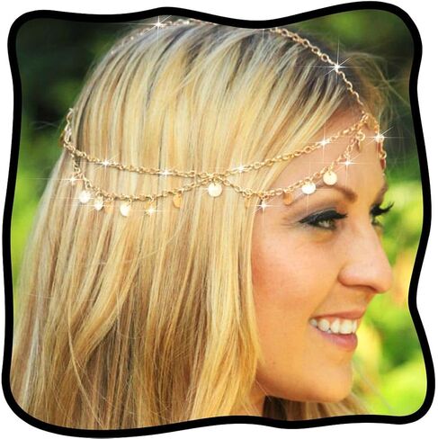 Urieo Gold Gypsy Headpiece Sequins Tassels Layered Head Chain Festival Wedding Halloween Hair Accessories Headband Jewelry for Women and Girls in Kuwait