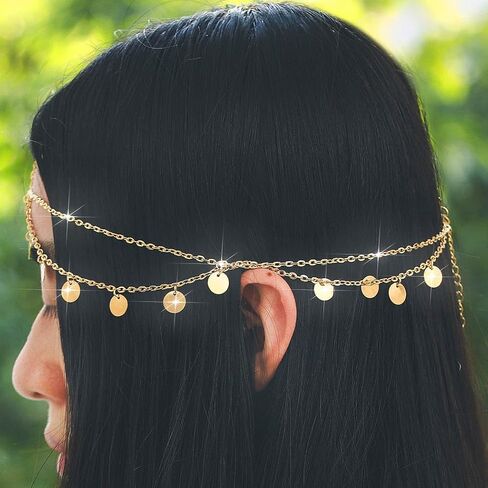 Urieo Gold Gypsy Headpiece Sequins Tassels Layered Head Chain Festival Wedding Halloween Hair Accessories Headband Jewelry for Women and Girls in Kuwait