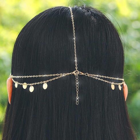 Urieo Gold Gypsy Headpiece Sequins Tassels Layered Head Chain Festival Wedding Halloween Hair Accessories Headband Jewelry for Women and Girls in Kuwait