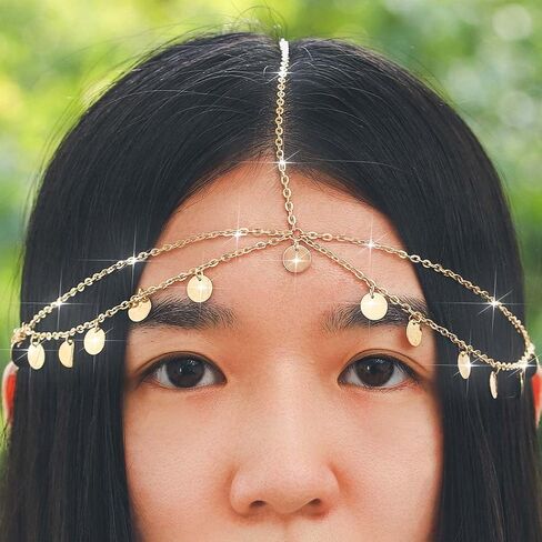 Urieo Gold Gypsy Headpiece Sequins Tassels Layered Head Chain Festival Wedding Halloween Hair Accessories Headband Jewelry for Women and Girls in Kuwait