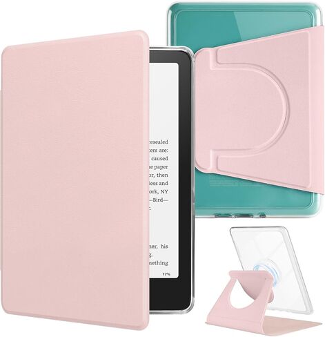 360° Rotating Case for All-New 7" Kindle Paperwhite 12th Gen 2024 & Kindle Colorsoft SE, PU Leather Magnetic Detachable Stand Cover, Clear Hard Back Shell, Auto Sleep/Wake, Sakura Pink in Saudi Arabia
