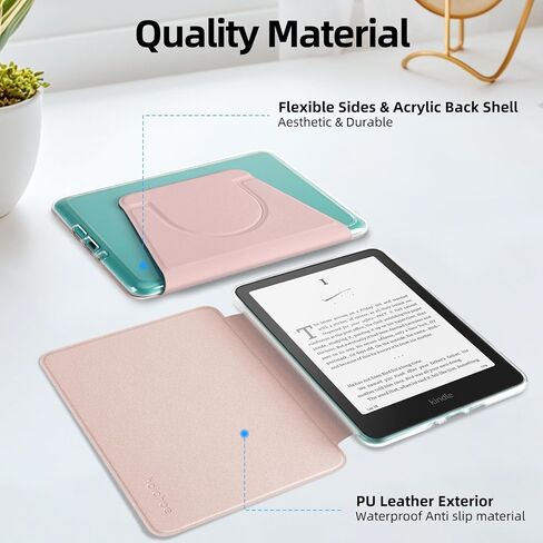 360° Rotating Case for All-New 7" Kindle Paperwhite 12th Gen 2024 & Kindle Colorsoft SE, PU Leather Magnetic Detachable Stand Cover, Clear Hard Back Shell, Auto Sleep/Wake, Sakura Pink in Saudi Arabia